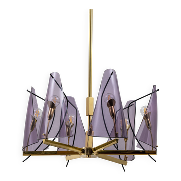 Italian Mid-Century Stilux Milano Chandelier in Brass and Purple Plexiglass