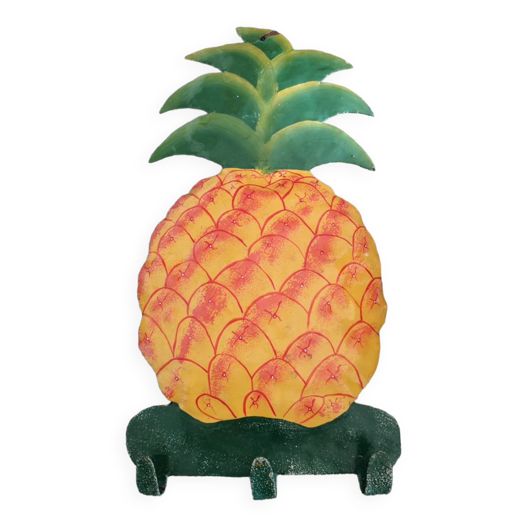 Towel/tea towels in pineapple shaped metal towel holder, hand painted - 1970s/1980s