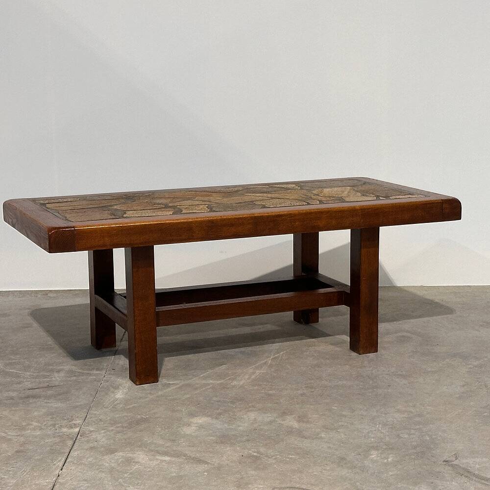 Vintage brutalist stone mosaic coffee table – solid wood, 1970s