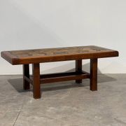 Table basse en mosaïque de pierre brutaliste vintage – bois massif, années 1970