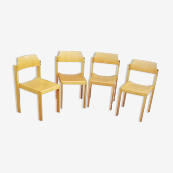Set of 4 vintage light wood chairs