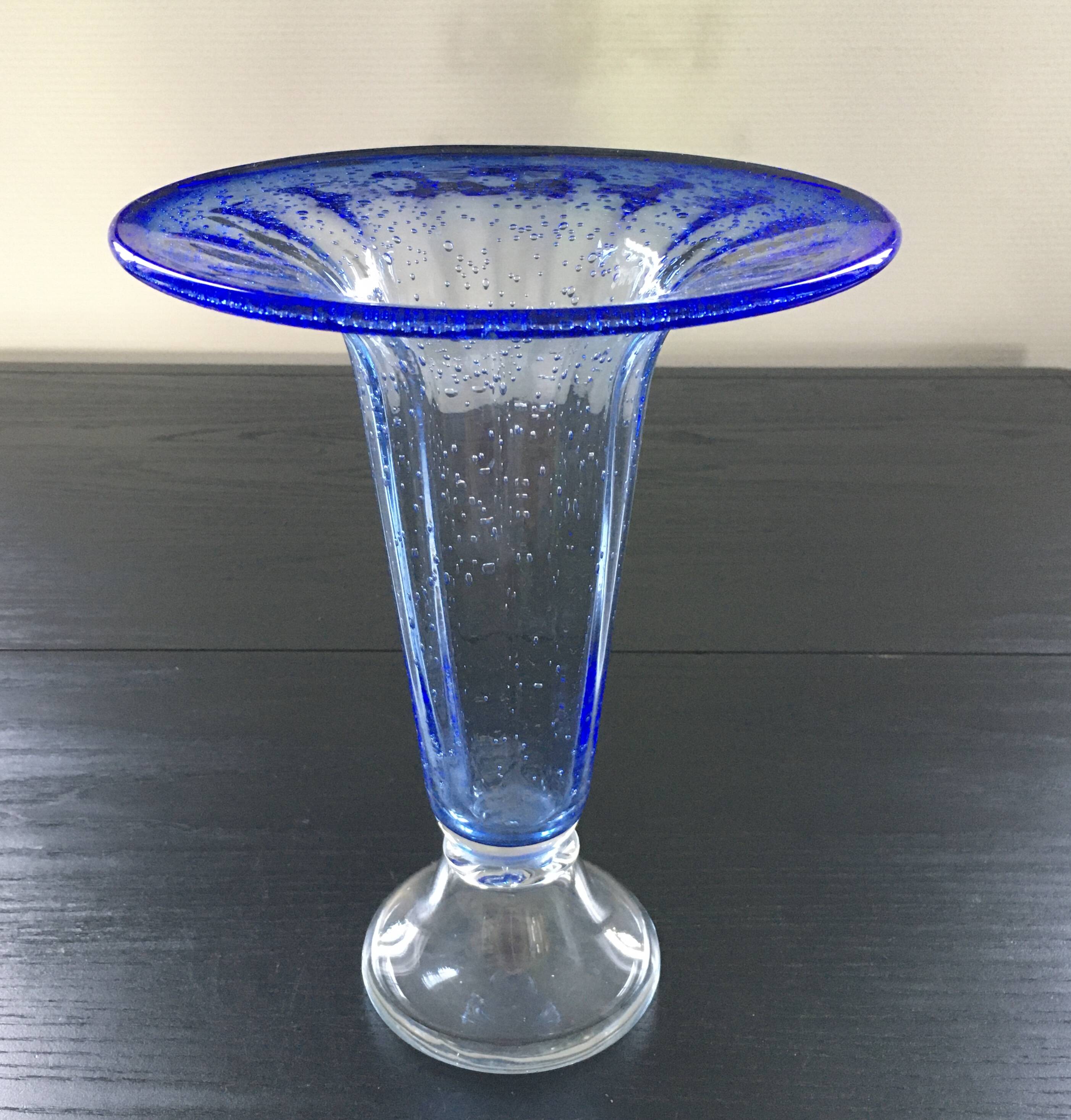 Large blue bubble glass vase