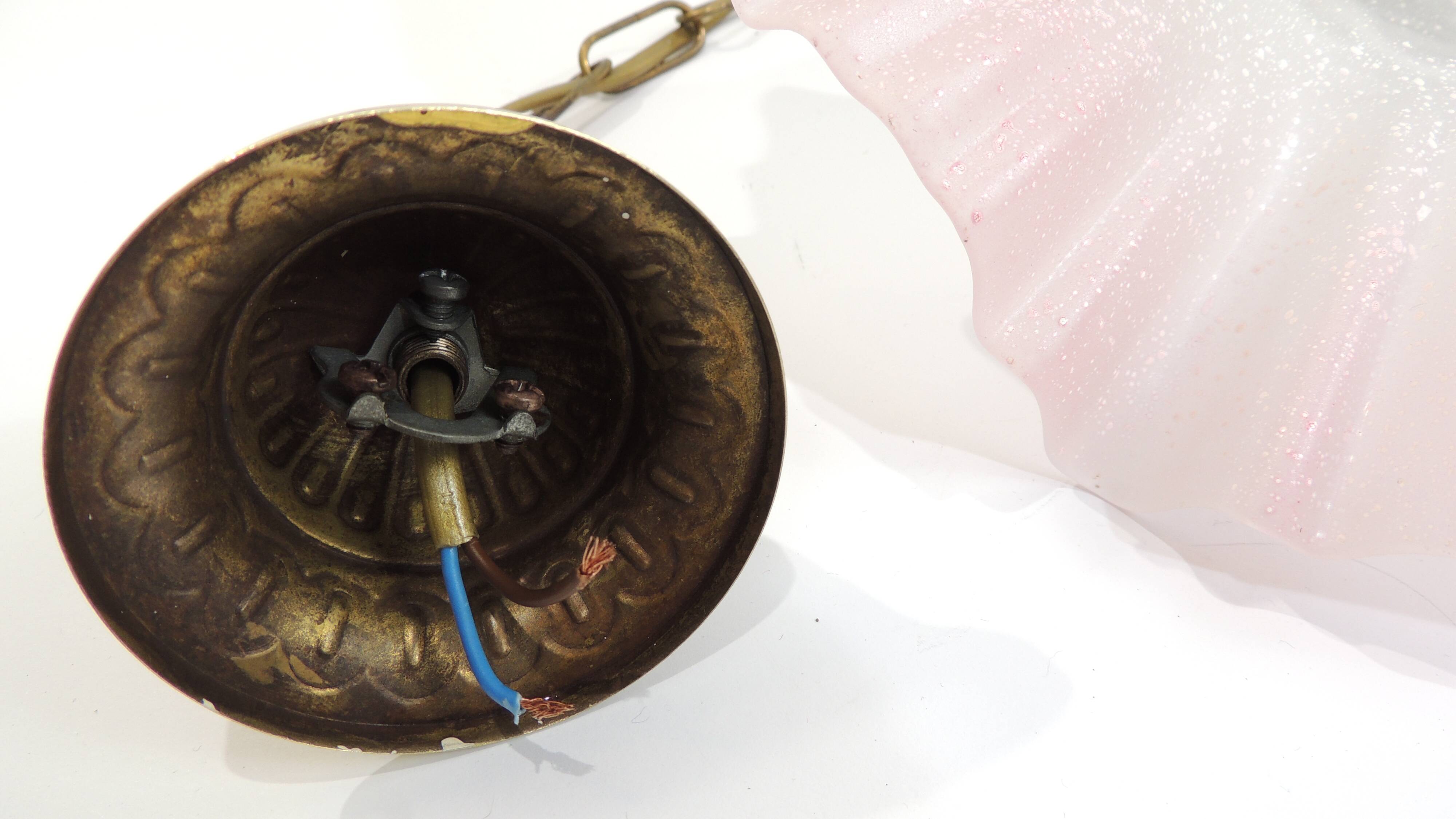 Vintage pink opaline glass pendant light – Art Deco tulip, brass and wood