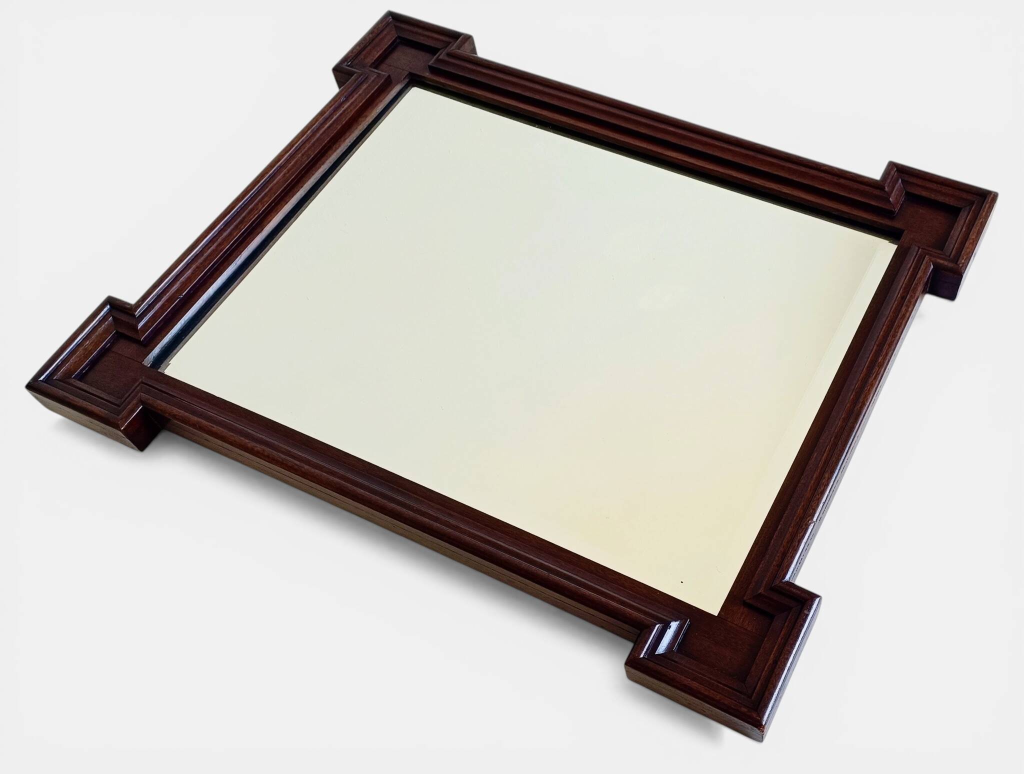 French Art Deco Oak Mirror with Stepped Architectural Frame, circa 1935