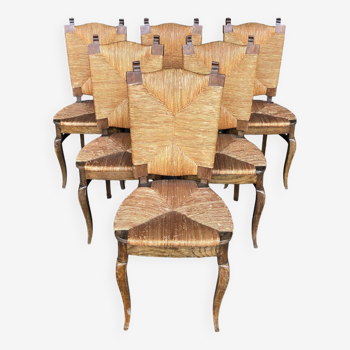Chaises avec jonc en bois de chêne, France années 1950, Set de 6
