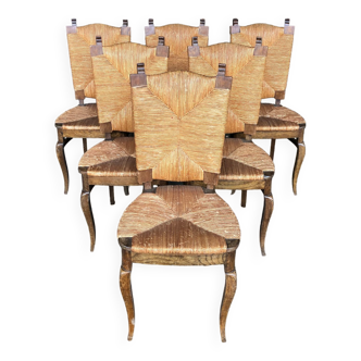 Dining chairs with rush made of oak wood, France 1950s, Set of 6