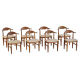 Henning Kjærnulf, set of 8 oak chairs with jute fabric, mid-century Danish, 1960s.