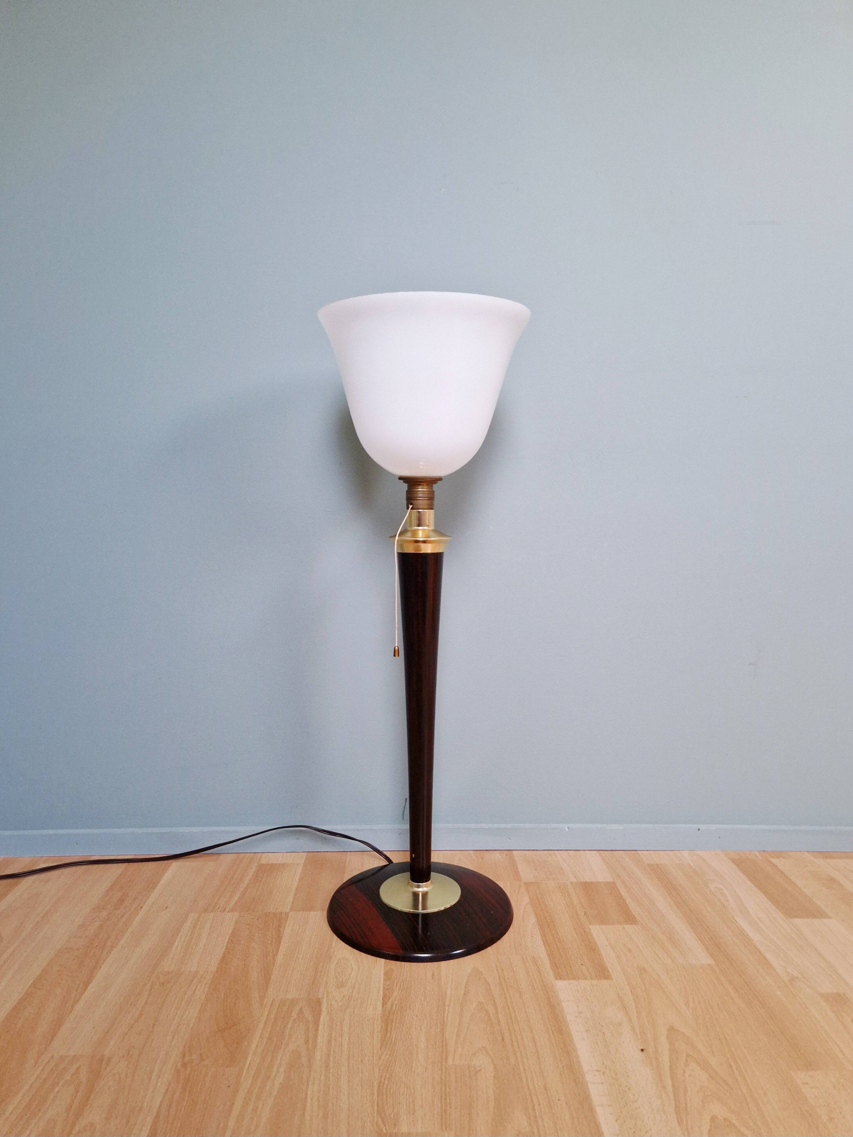 Large Art Deco Mazda lamp in wood, brass, and white opaline, 1930.