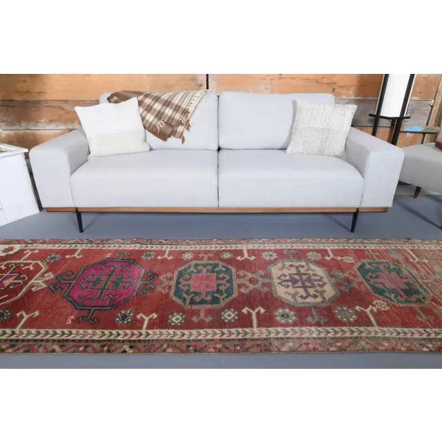 1970s Vintage Turkish Hand-Knotted Wool Cotton Red Runner Rug 90x390