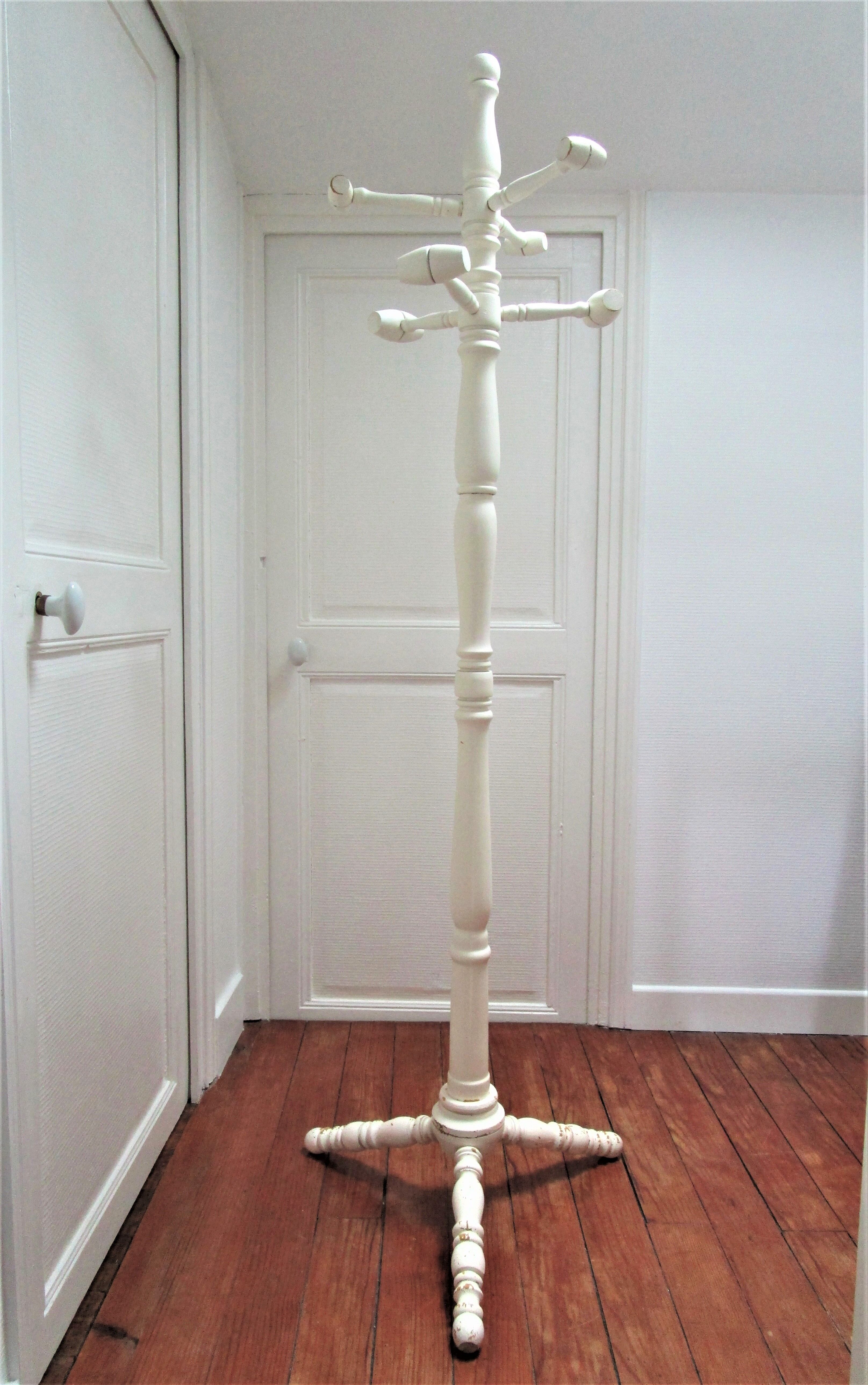Coat rack parrot solid wood turned white patinated vintage