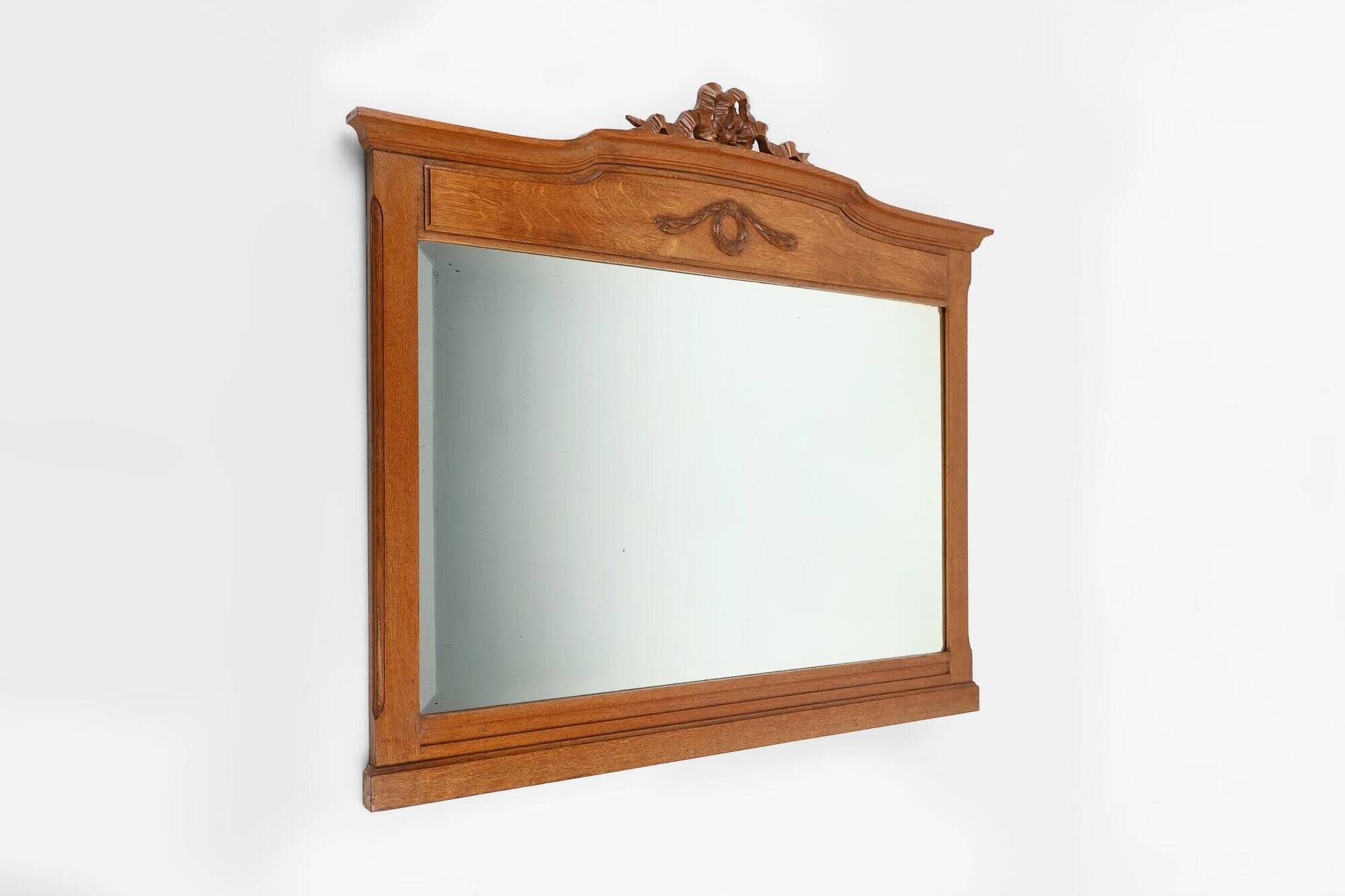 Art Deco Mirror in Oak with Carved Decorations and Facet Cut Mirror, 1930s