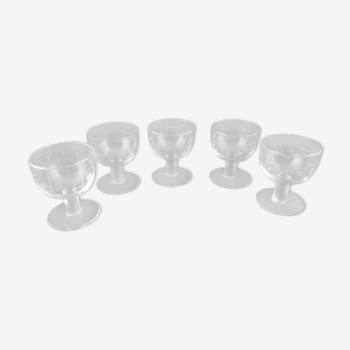 Series of 5 glasses engraved with white wine or Art Deco aperitif