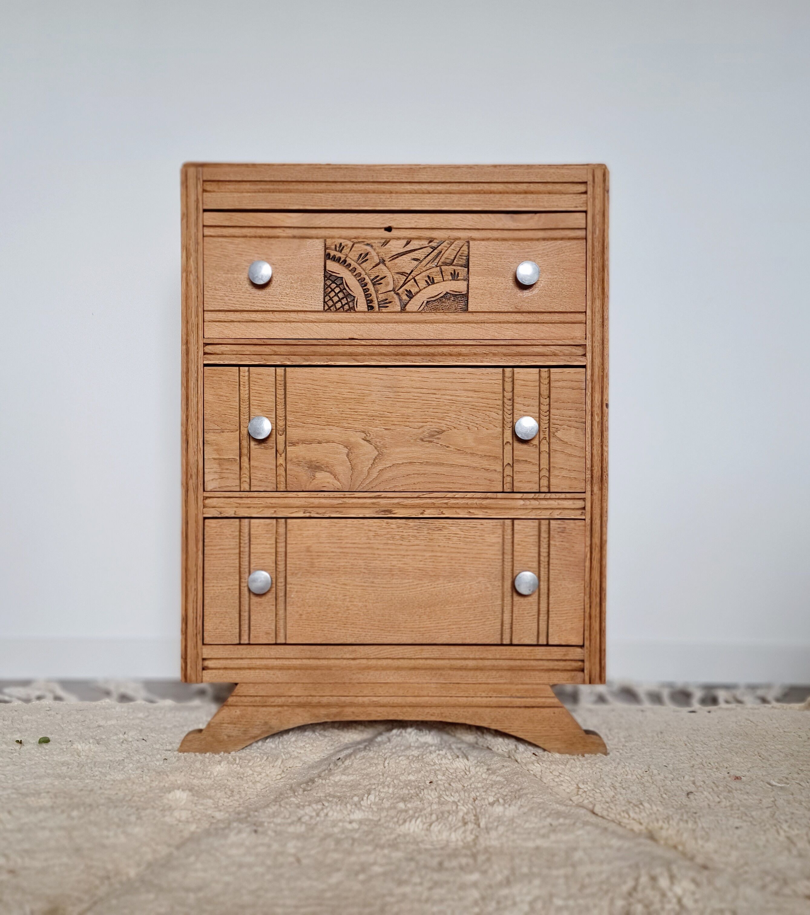 Art Deco chest of drawers curved legs raw wood
