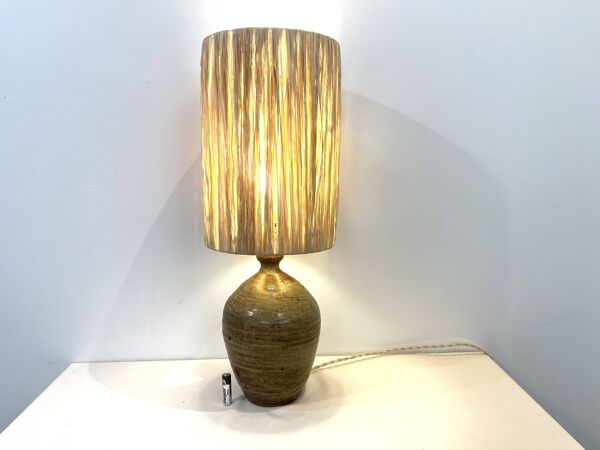 XXL Pied de Lampe vintage en grès beige marron abat-jour en raphia  1970