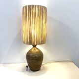XXL Vintage Lamp Base in Beige Brown Stoneware with Raffia Lampshade 1970