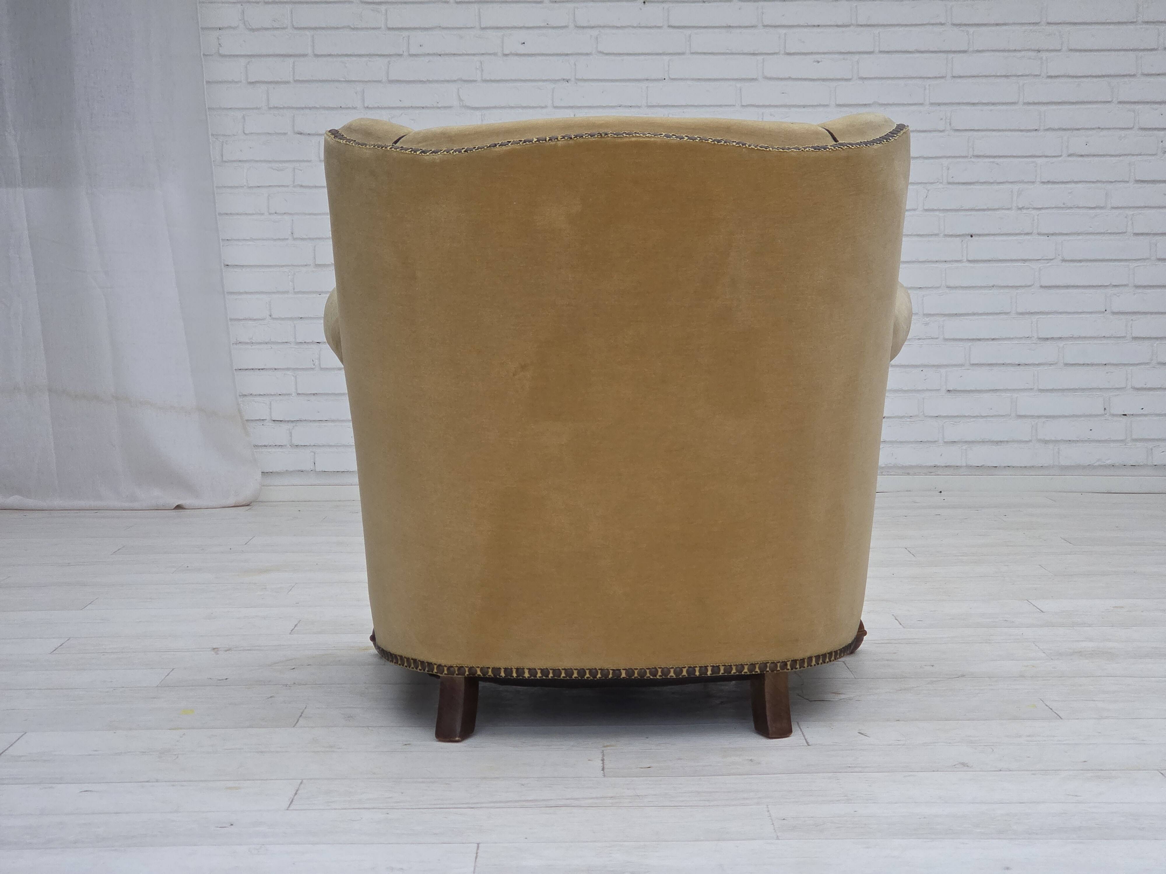 1950s, Danish relax chair, furniture velour with patina, oak wood legs.