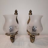 Pair of golden brass and engraved glass wall lights