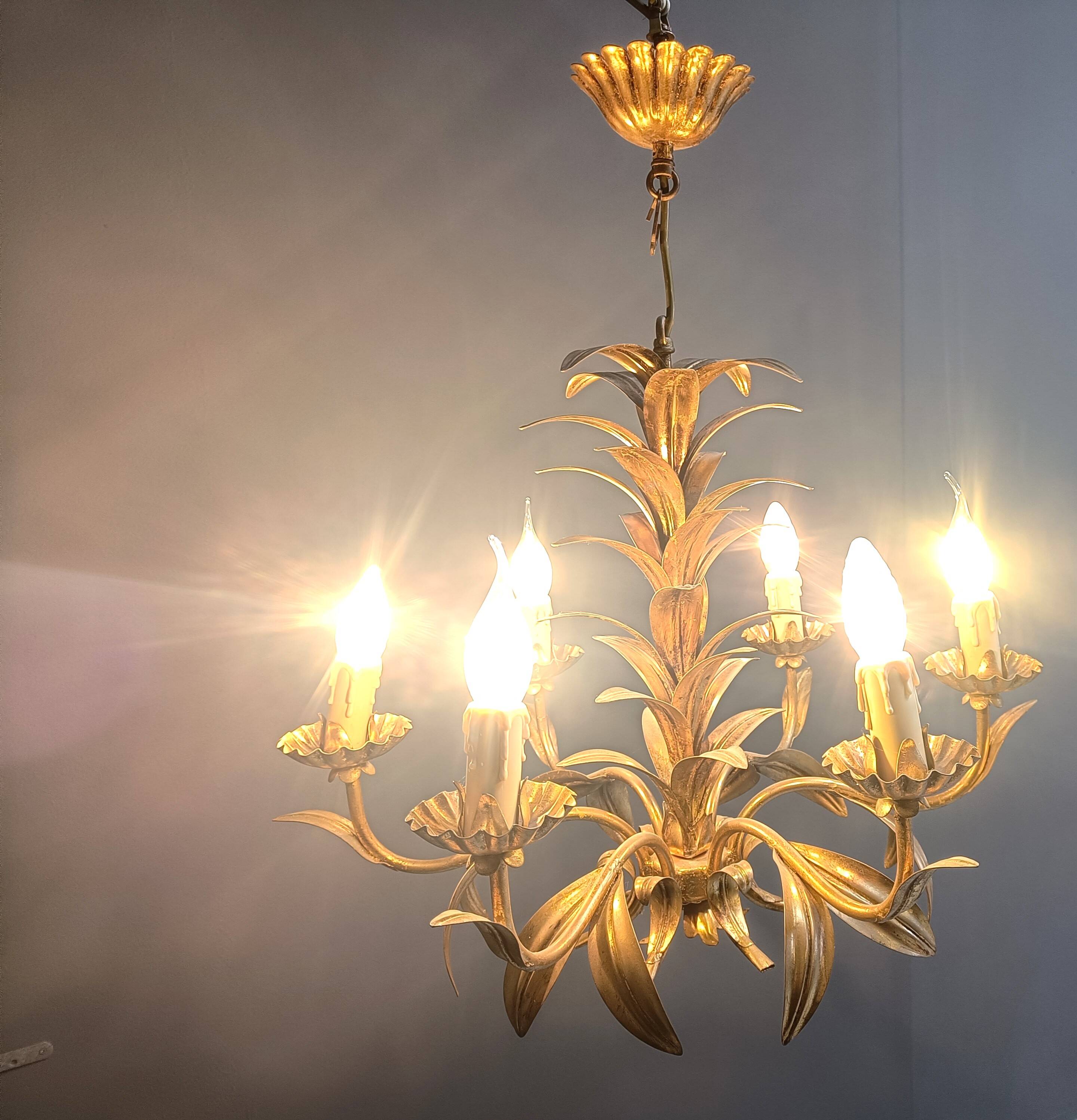 Vintage gilt metal pineapple leaf chandelier, 1960s