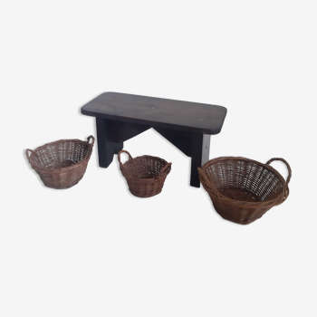 Farm stool and 3 baskets