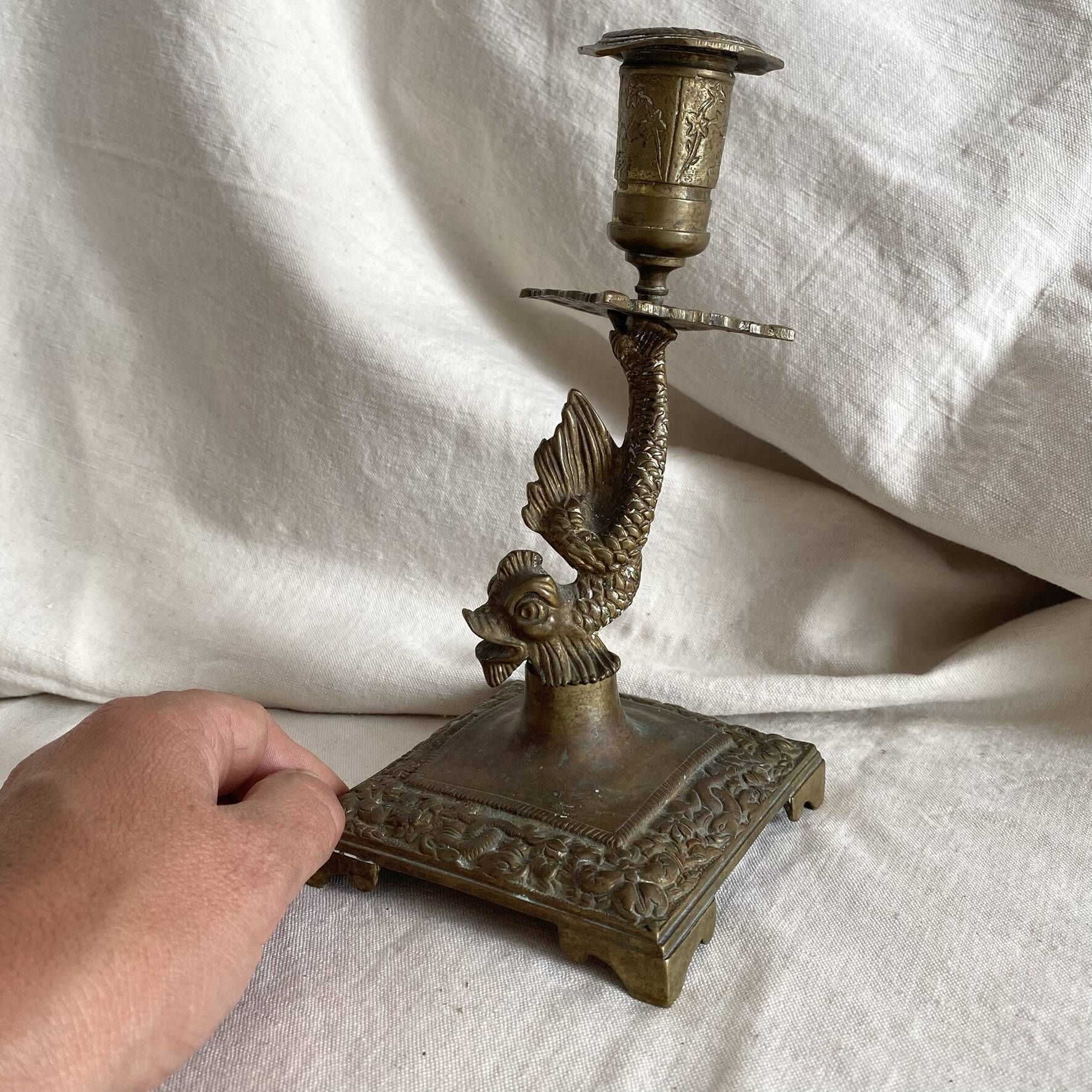 Antique dolphin candlestick from the 19th century, fish candlestick.