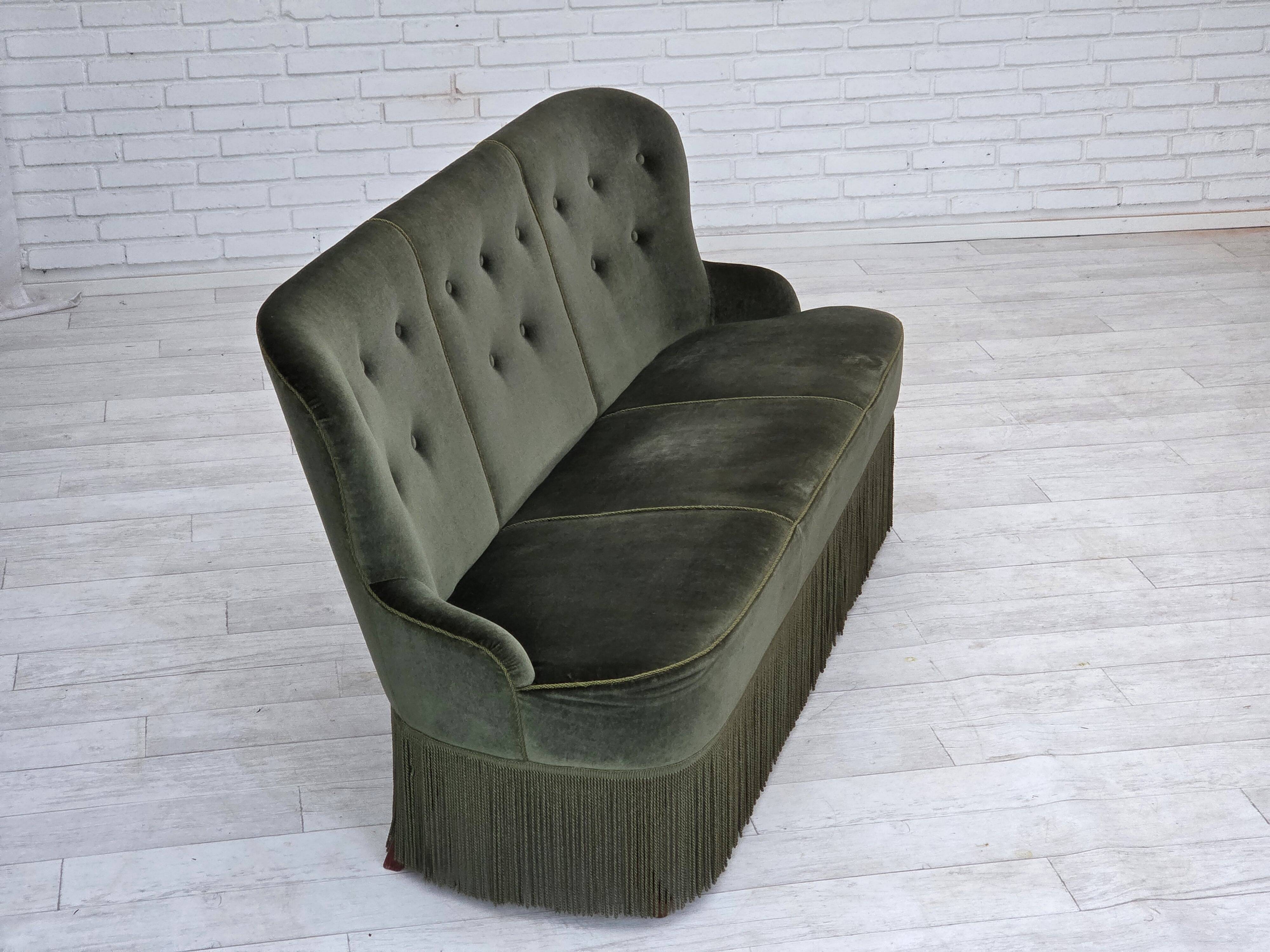 1970s, Danish 3-seater sofa, furniture velour, beech wood legs.