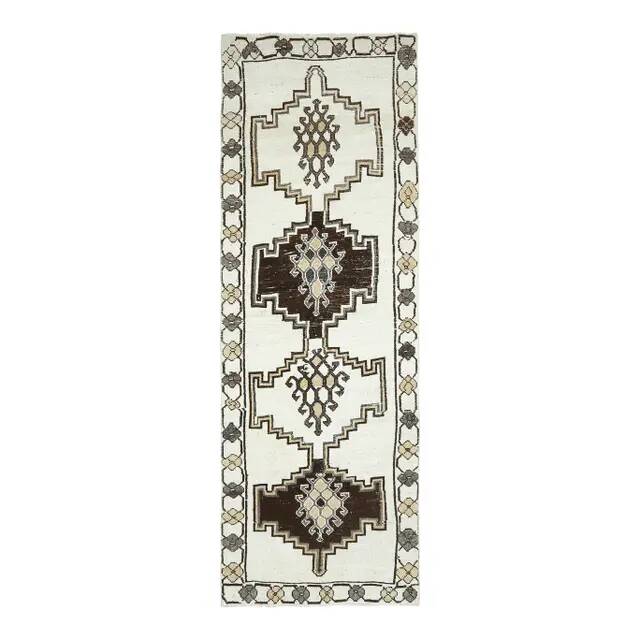 1970s Vintage Turkish Hand-Knotted Wool Cotton White Runner Rug  115x342