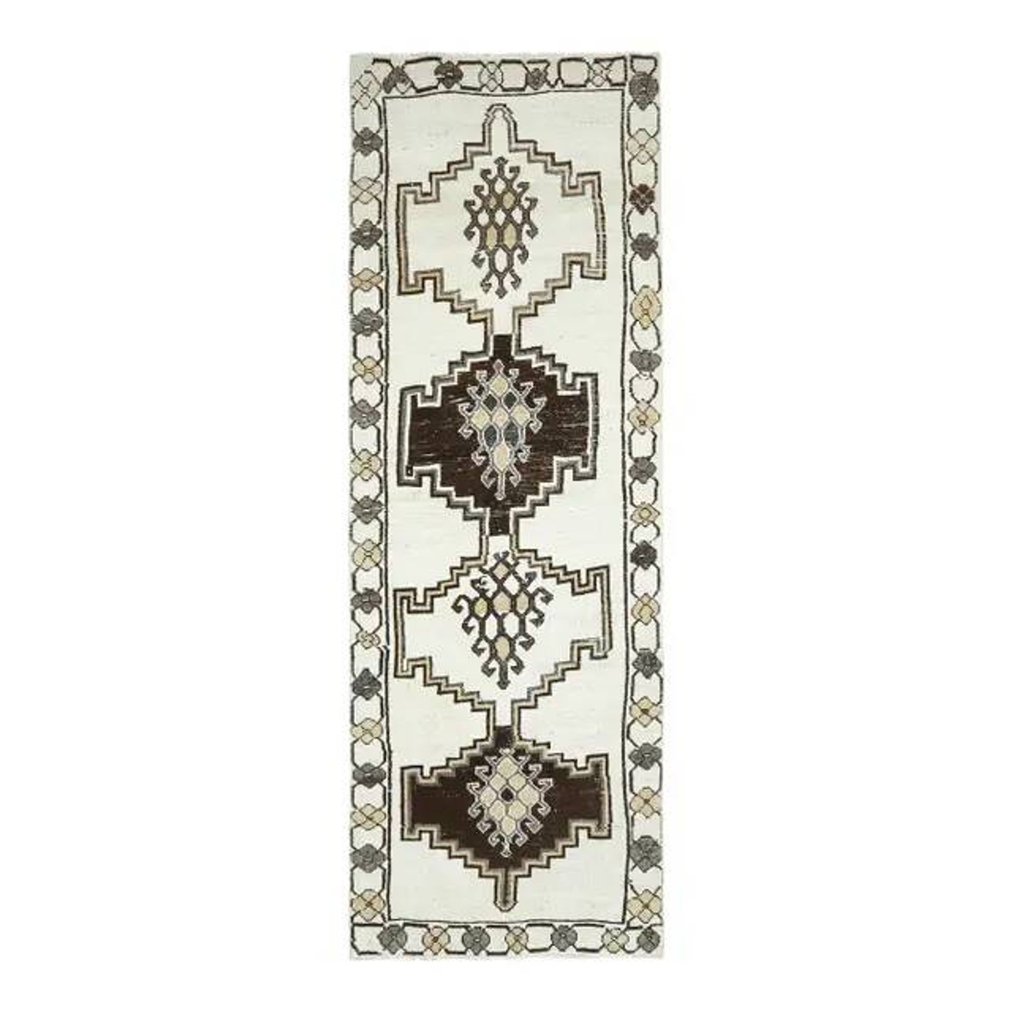 1970s Vintage Turkish Hand-Knotted Wool Cotton White Runner Rug  115x342