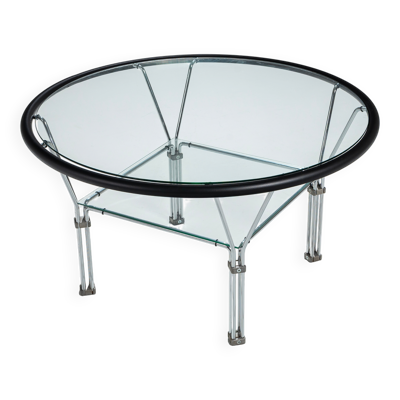 Table basse ronde en verre et acier post-moderne attribuée à Niels Bendtsen