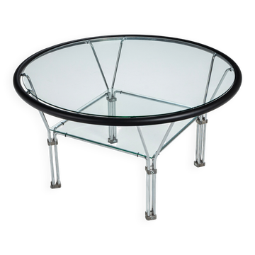 Table basse ronde en verre et acier post-moderne attribuée à Niels Bendtsen