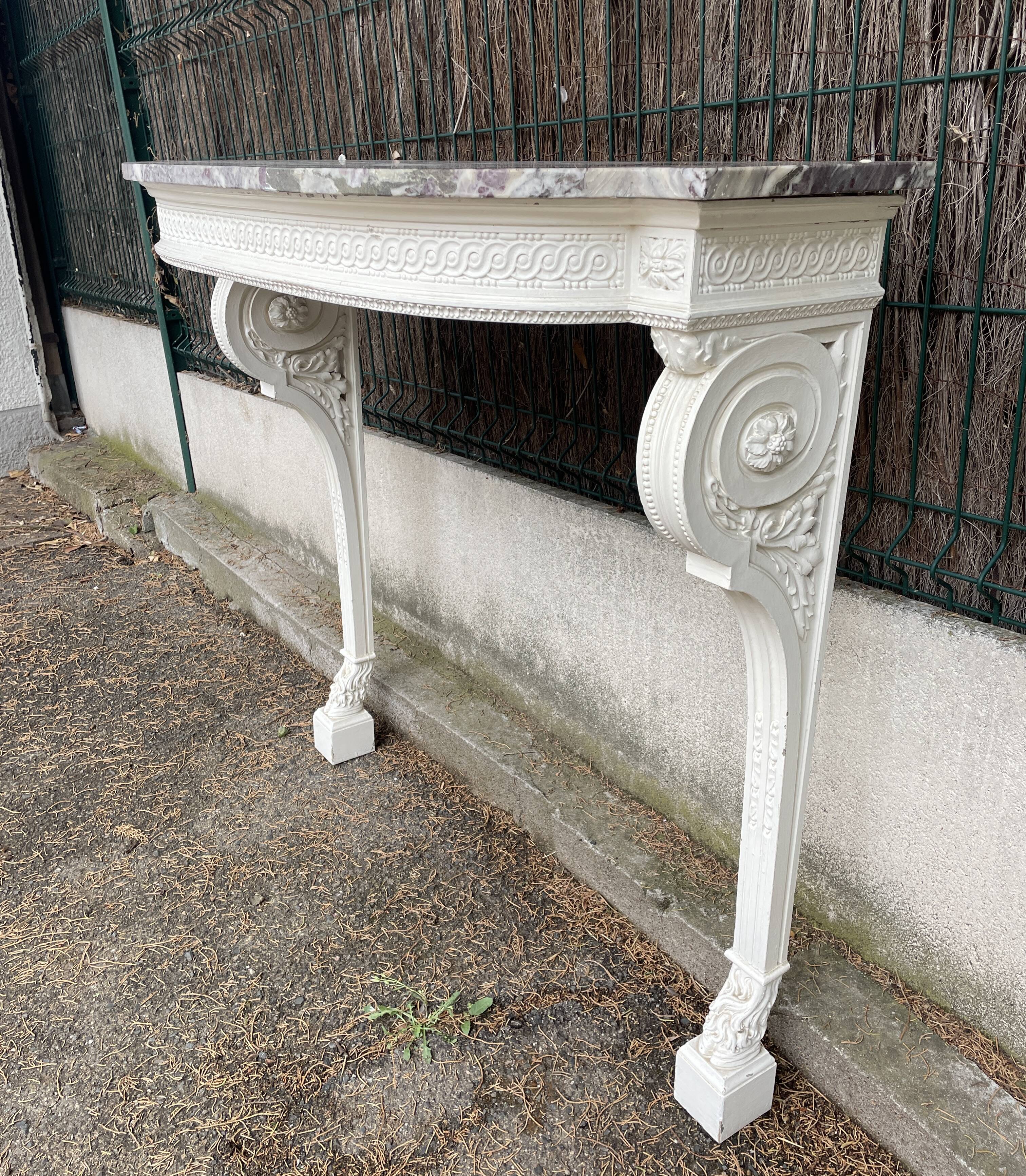 Painted wooden wall console with doe legs and interlacing. Louis XVI. Peach blossom marble
