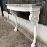 Painted wooden wall console with doe legs and interlacing. Louis XVI. Peach blossom marble