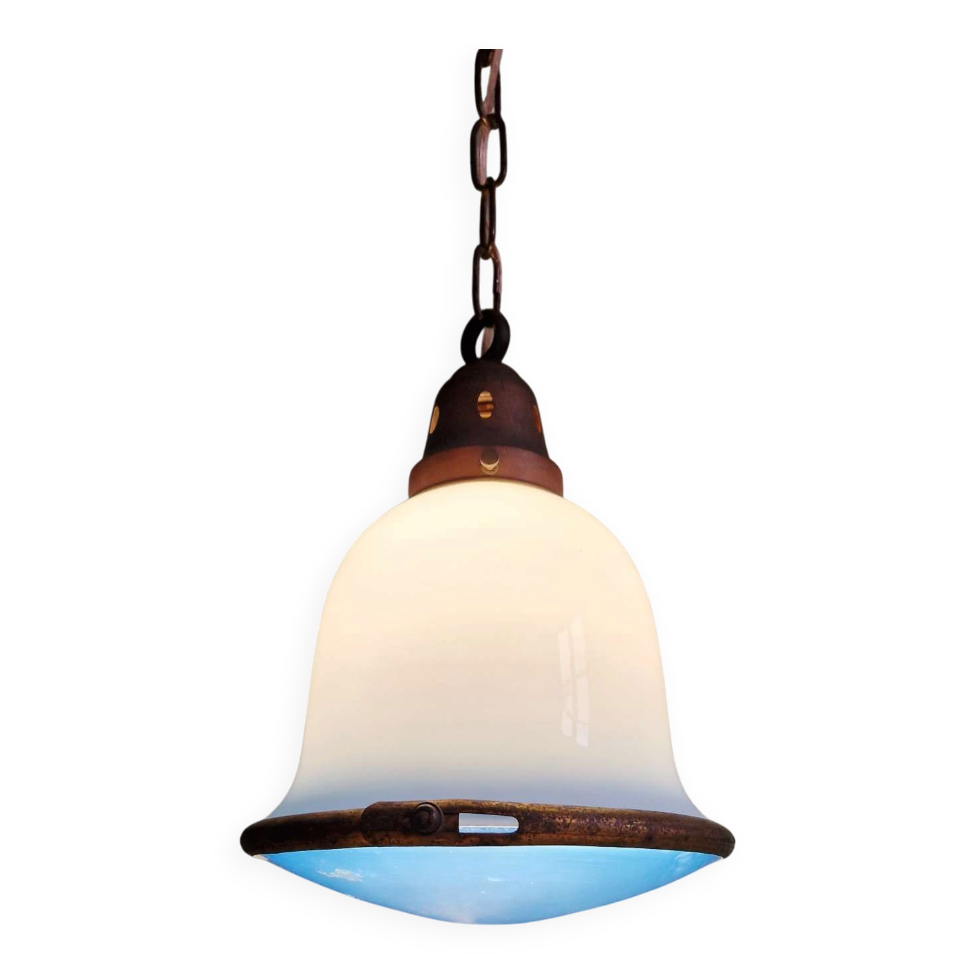 Suspension Bauhaus en opaline blanche et verre satiné bleu, années 1920