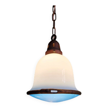 Suspension Bauhaus en opaline blanche et verre satiné bleu, années 1920