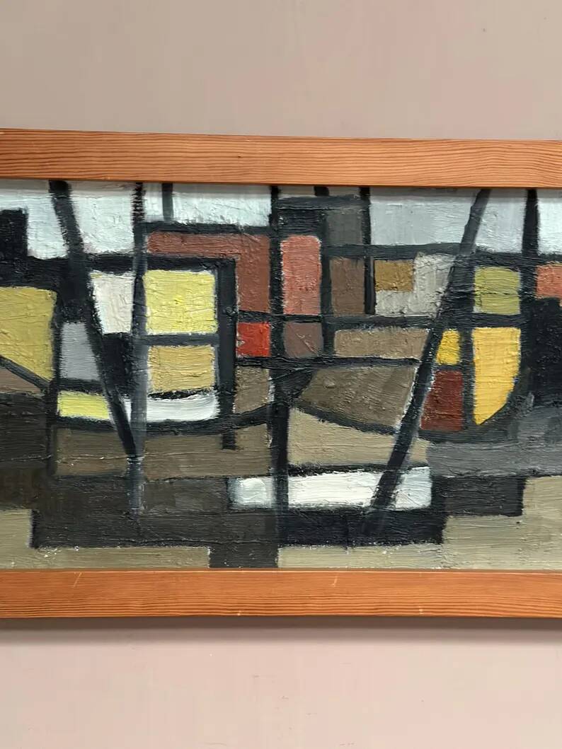 Original Swedish Oil on Canvas – “Abstract Composition” – Signed – Dated 1959 – Vintage & Framed – 77 × 35 cm