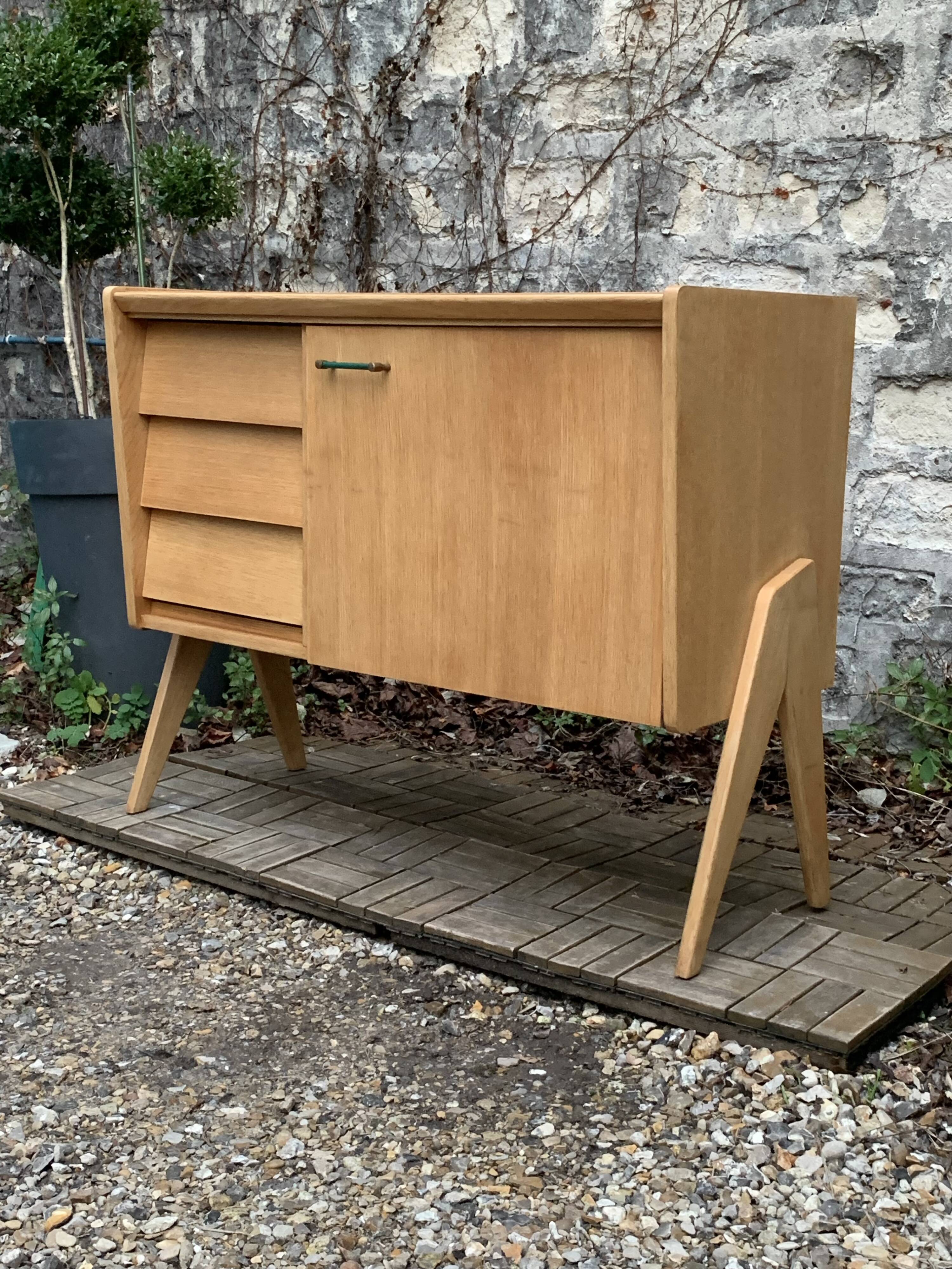 Vintage chest of drawers with compass legs, light oak, 1960s