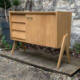 Buffet commode vintage pieds compas chêne clair 1960