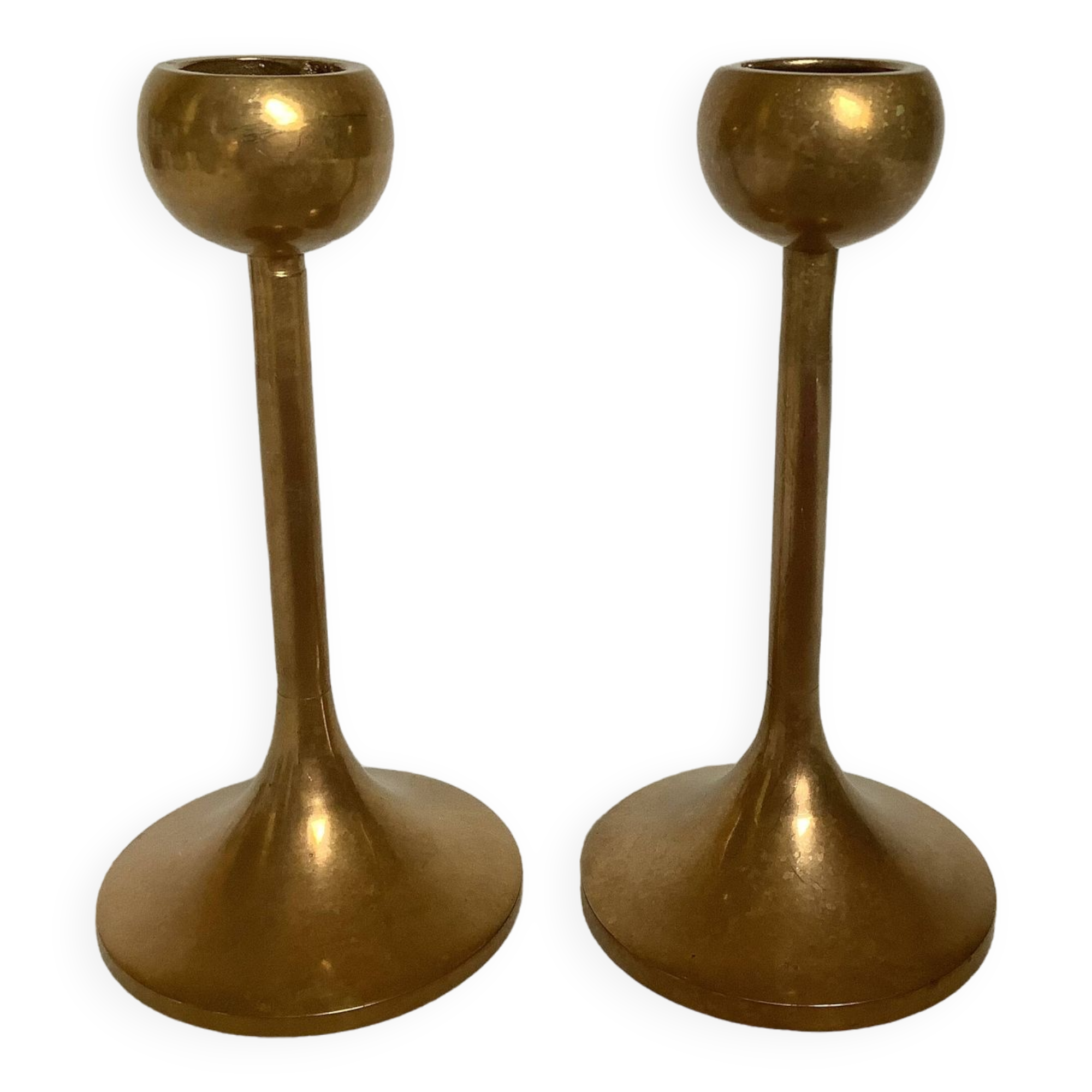 Pair of Scandinavian brass tulip foot candlesticks