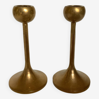 Pair of Scandinavian brass tulip foot candlesticks