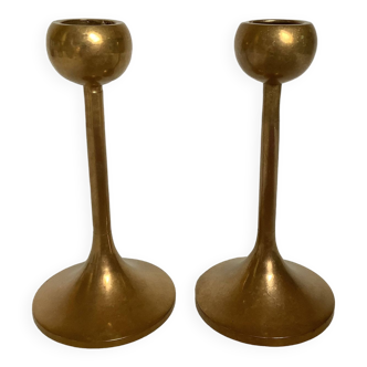 Pair of Scandinavian brass tulip foot candlesticks