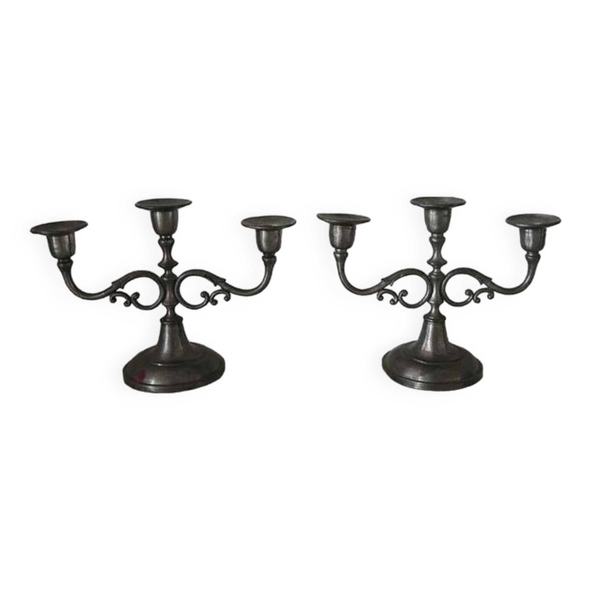 2 old hallmarked pewter 3-branch candlesticks