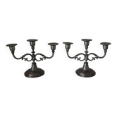 2 old hallmarked pewter 3-branch candlesticks
