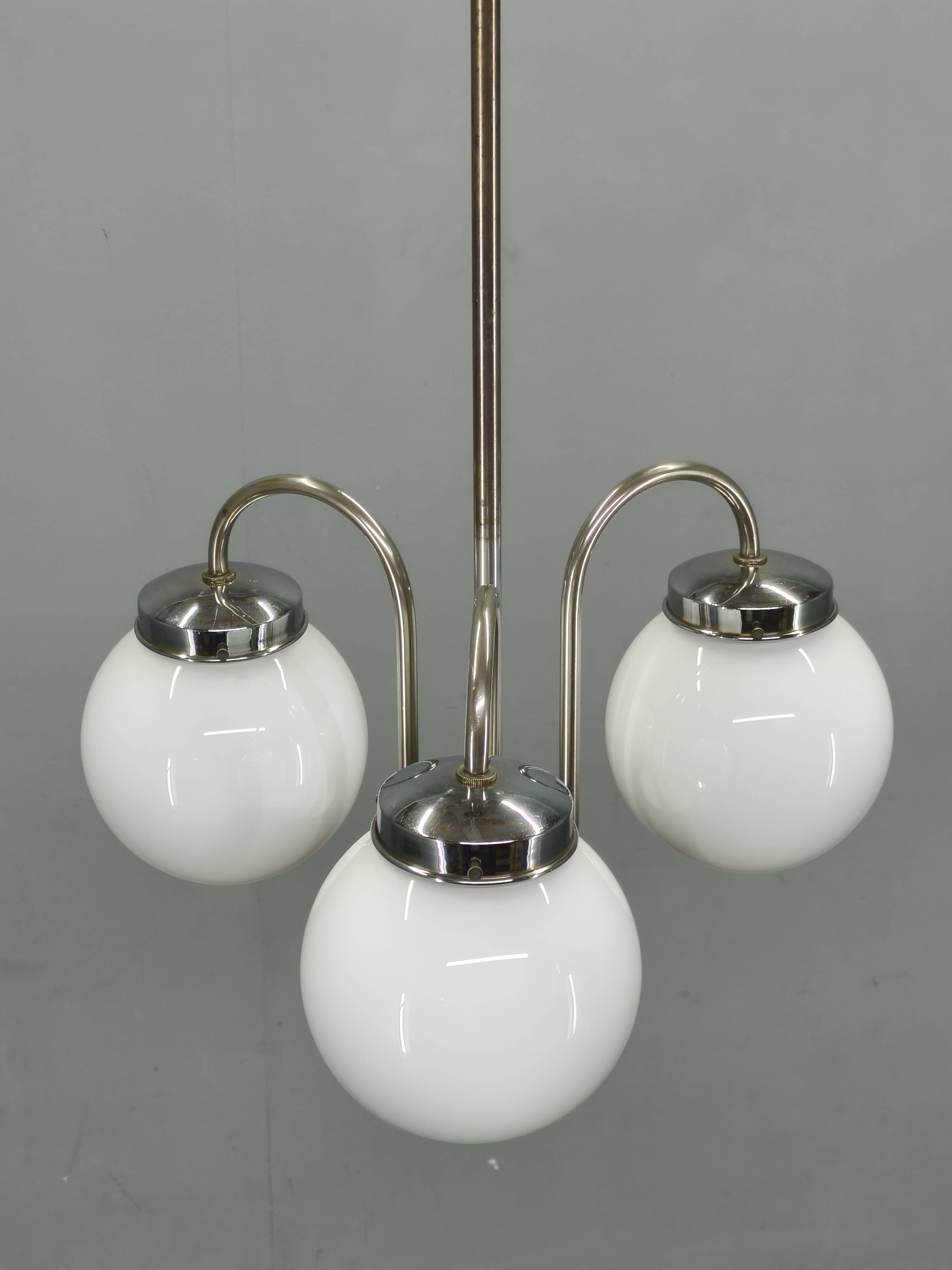 1930s Czech Art Deco Chandelier with Three Opaline Glass Globes