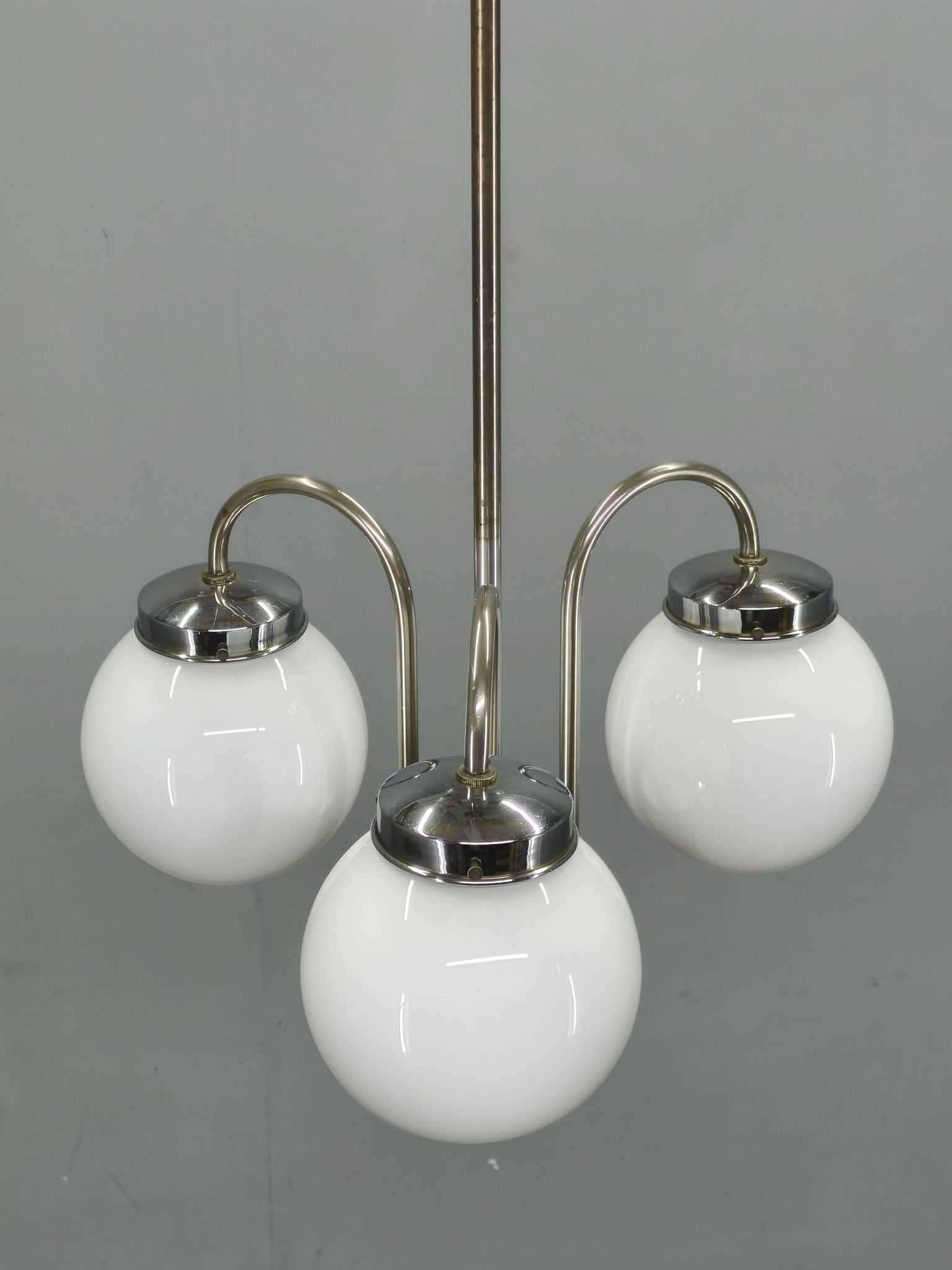 1930s Czech Art Deco Chandelier with Three Opaline Glass Globes