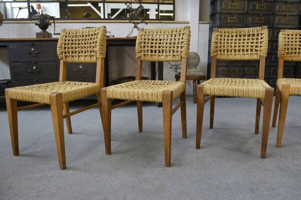 Ensemble de 6 chaises en corde tissée par Adrien Audoux & Frida Minet pour Vibo Versoul 1940’s