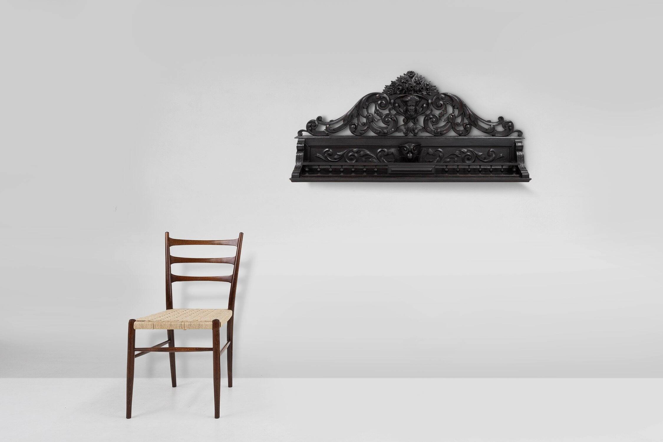 Baroque Richly Carved Black Wooden Sculptured Shelf, France, 1850s