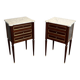 Pair of mahogany and brass side tables or bedside tables with Carrara marble tops.