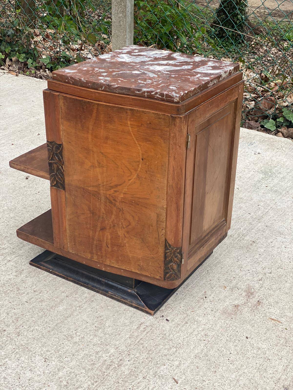 Art Deco bedside table in solid wood and marble, 1950s