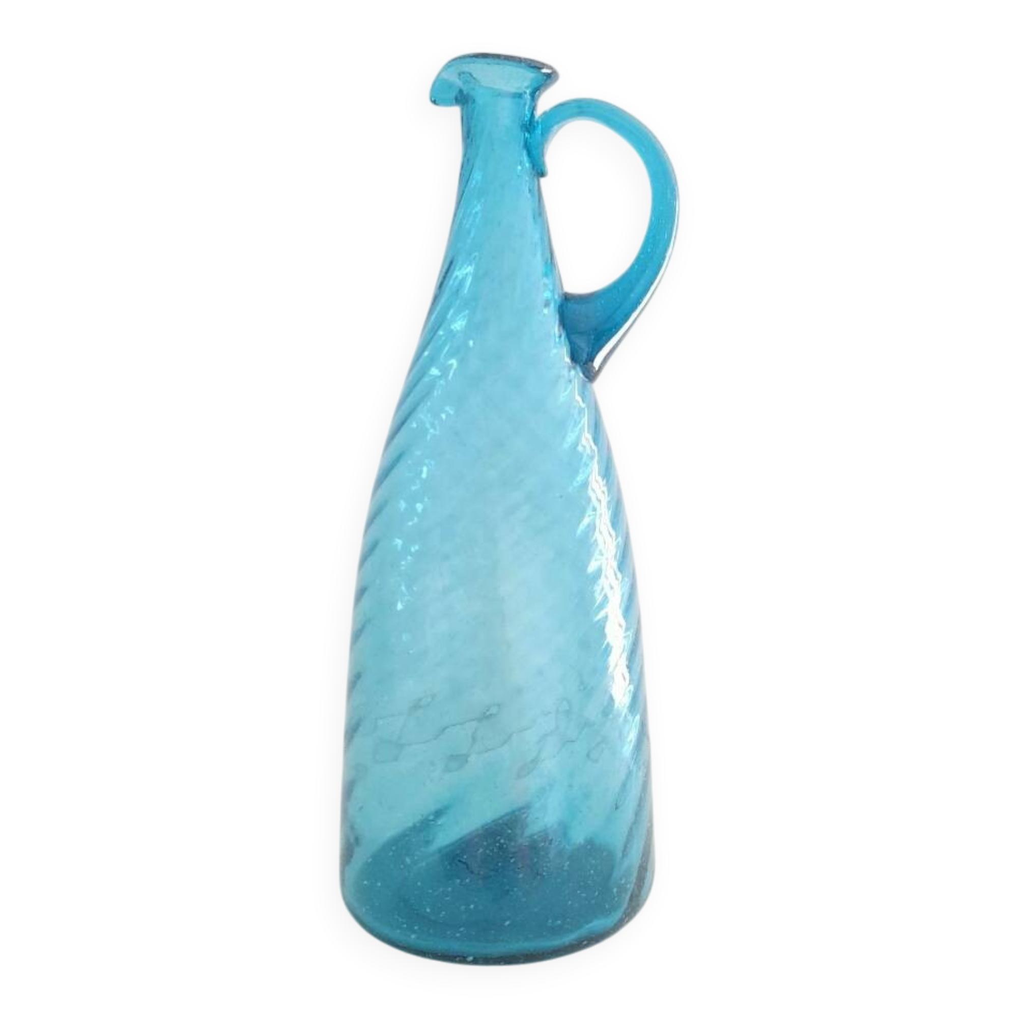 Tall twisted blue glass carafe