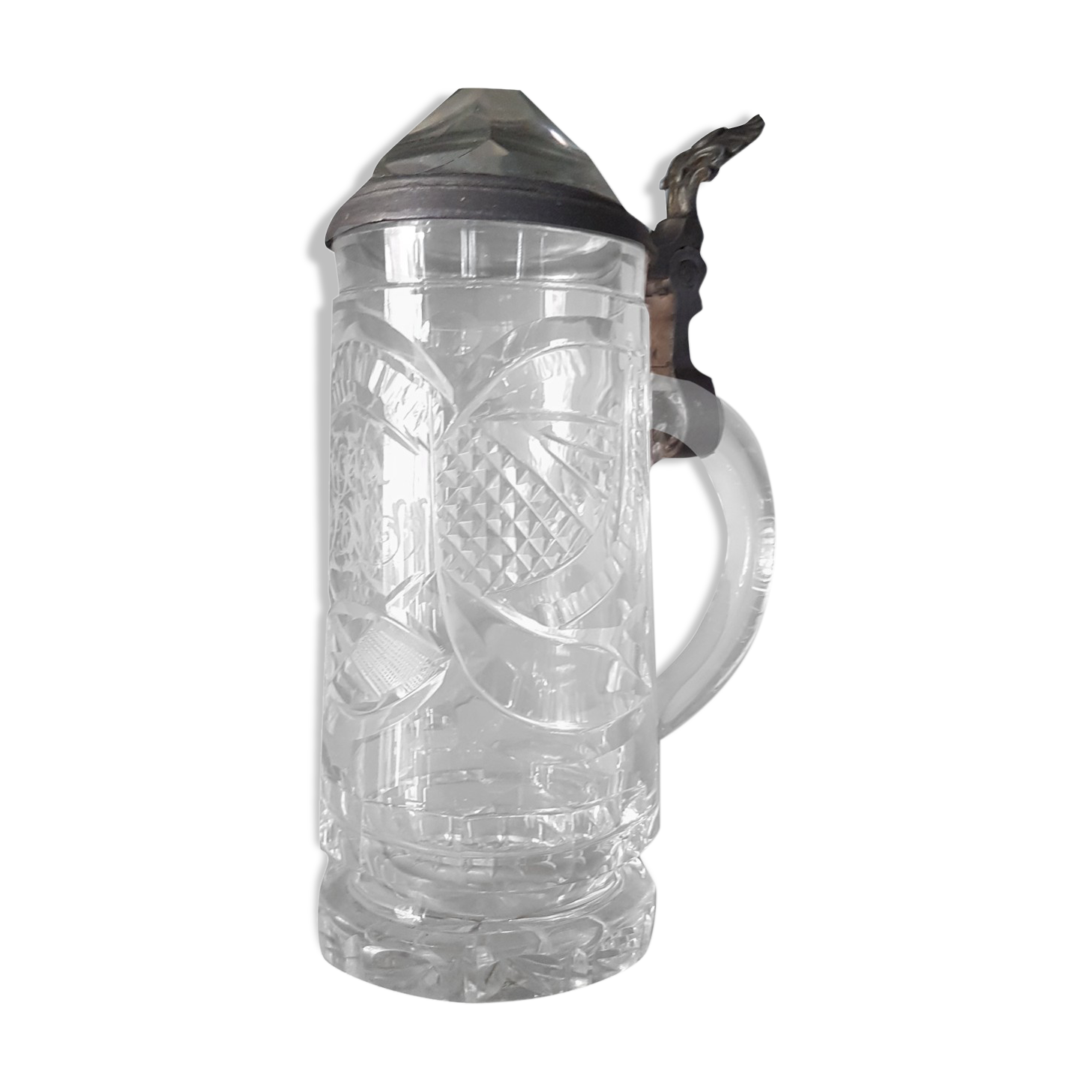 Antique engraved crystal and pewter beer mug