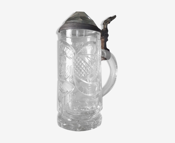 Chope à biere ancienne gravée cristal et étain